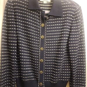St. John Navy and White Knit Cardigan Shouder Pads Size-6 By Marie Gray.